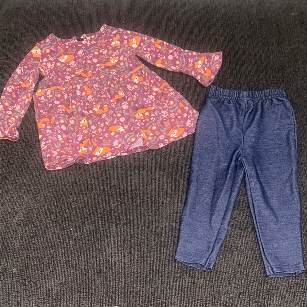 Baby Essentials Purple Fox & Floral Peplum Top with Blue Leggings Set